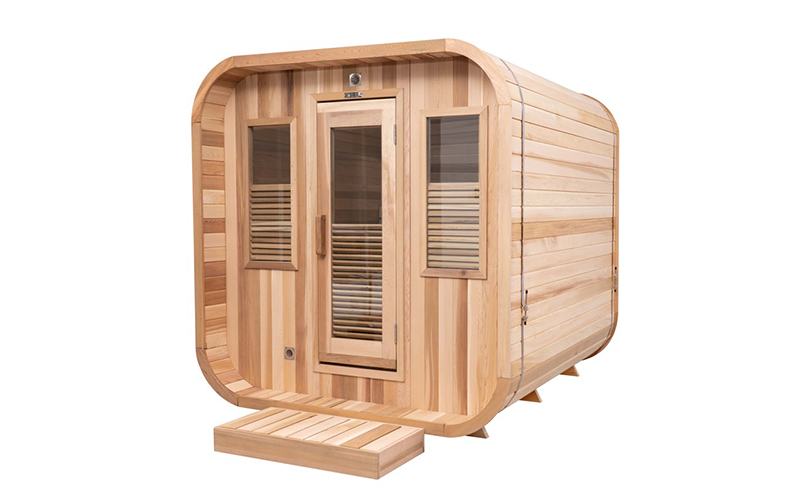 What materials are used to decorate the sauna.thermowood outdoor sauna garden cabin